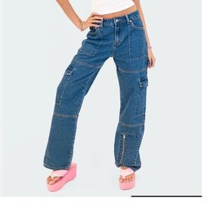 Edikted Jaimie Cargo Jeans Women's Size S Blue Denim 90s Y2K Low Rise Pockets